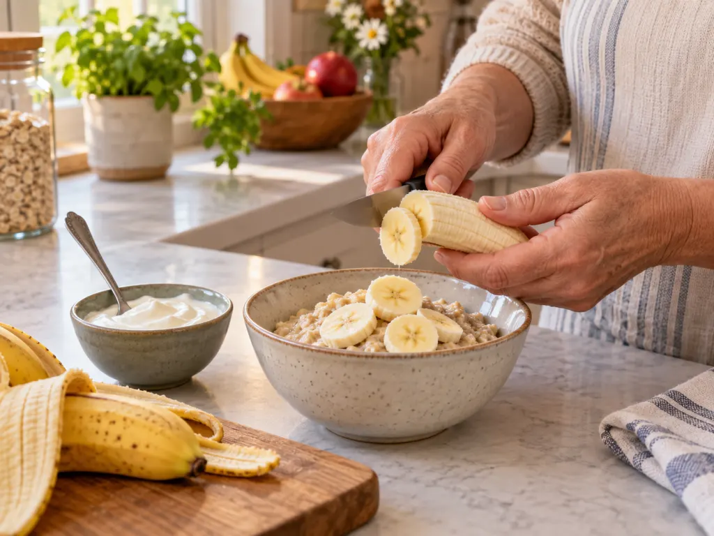Hands slicing banana onto oatmeal with yogurt nearby for a balanced breakfast.