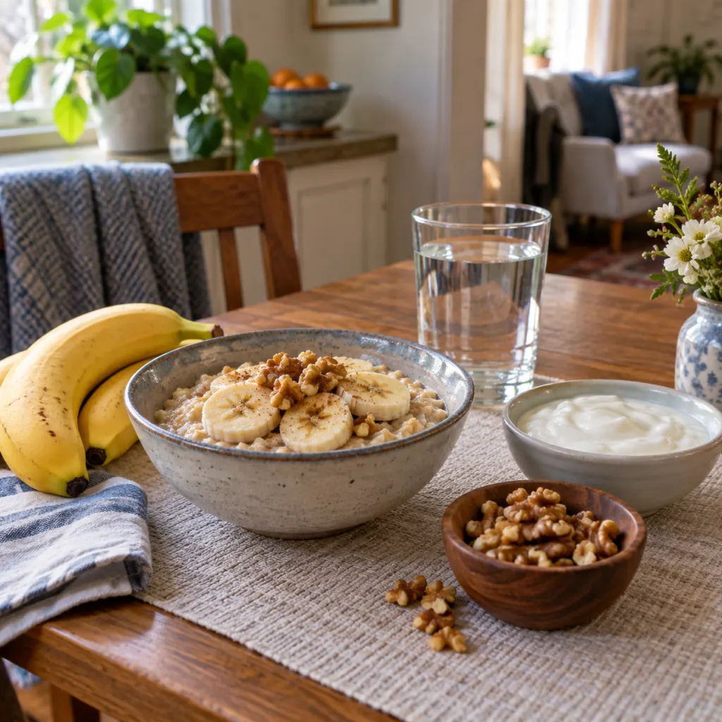 Bananas with oatmeal, yogurt, walnuts, and water on a calm breakfast table.