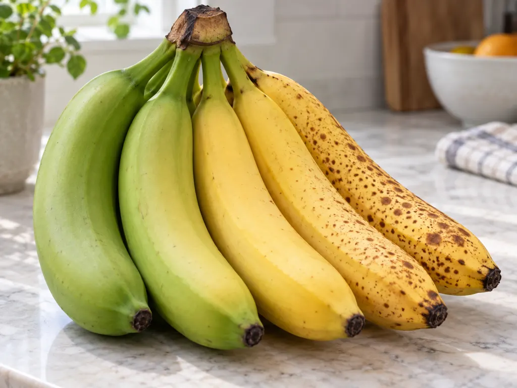 Bananas at several ripeness stages arranged on a counter.