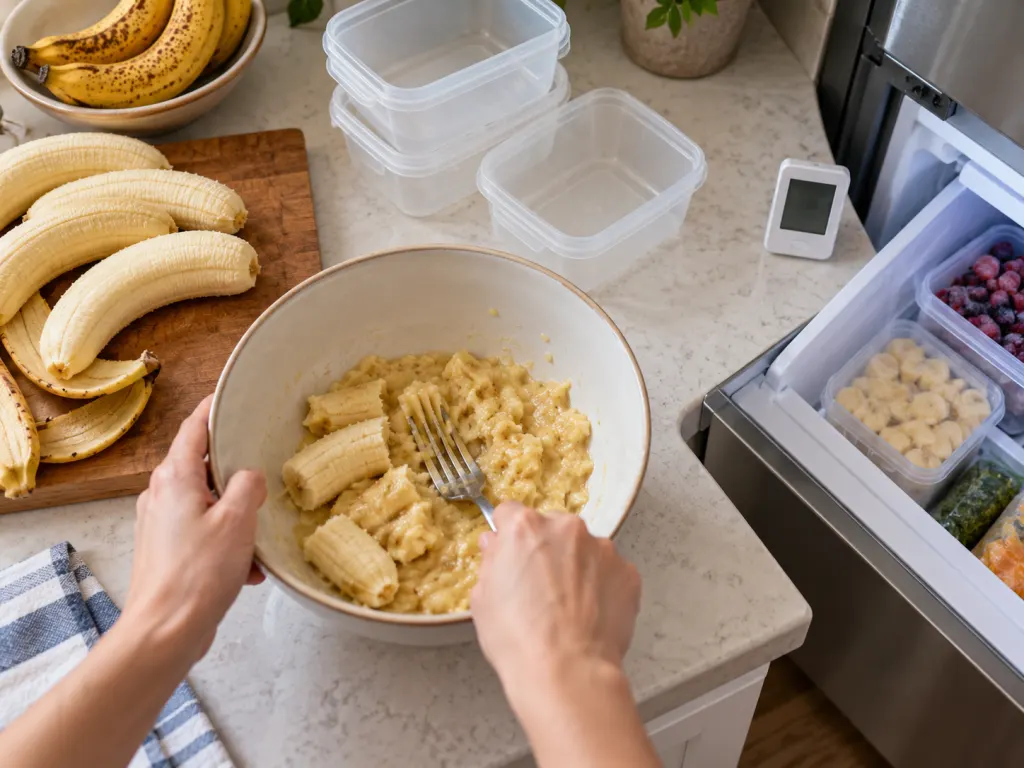 Ripe bananas being mashed for freezer storage in a clean kitchen.