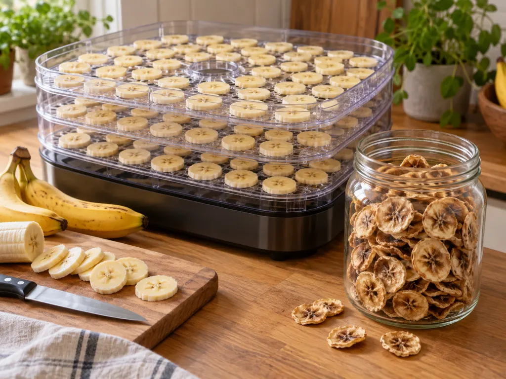 Banana slices on dehydrator trays with dried banana pieces in a jar.