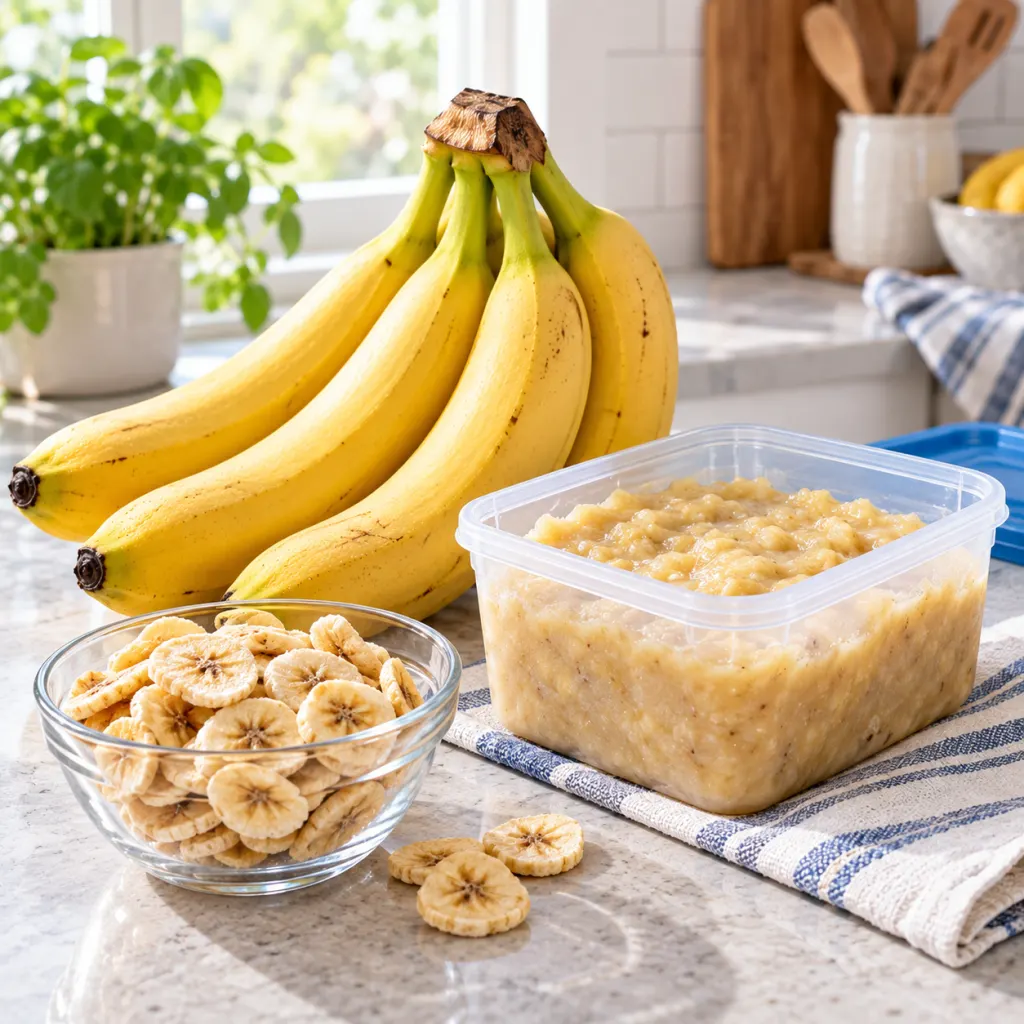 Fresh bananas shown beside frozen mashed banana and dried banana slices.