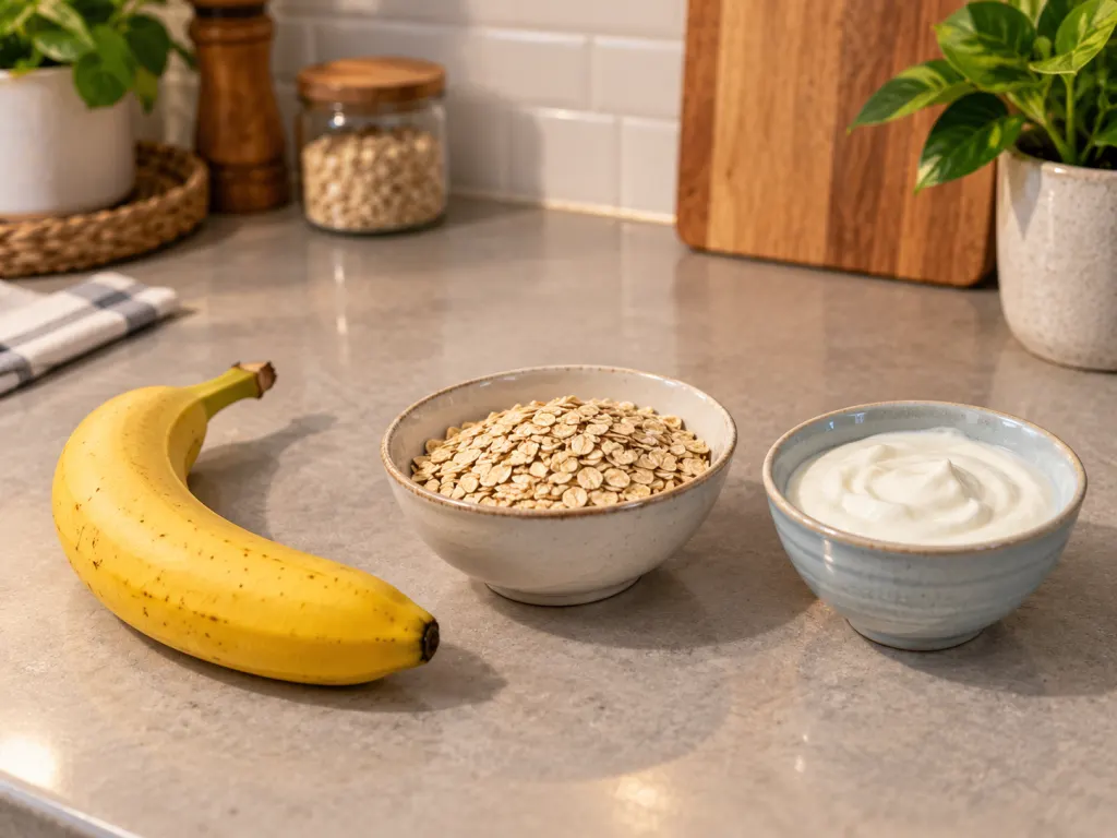 A banana, oats, and yogurt arranged on a clean kitchen counter as simple snack options.