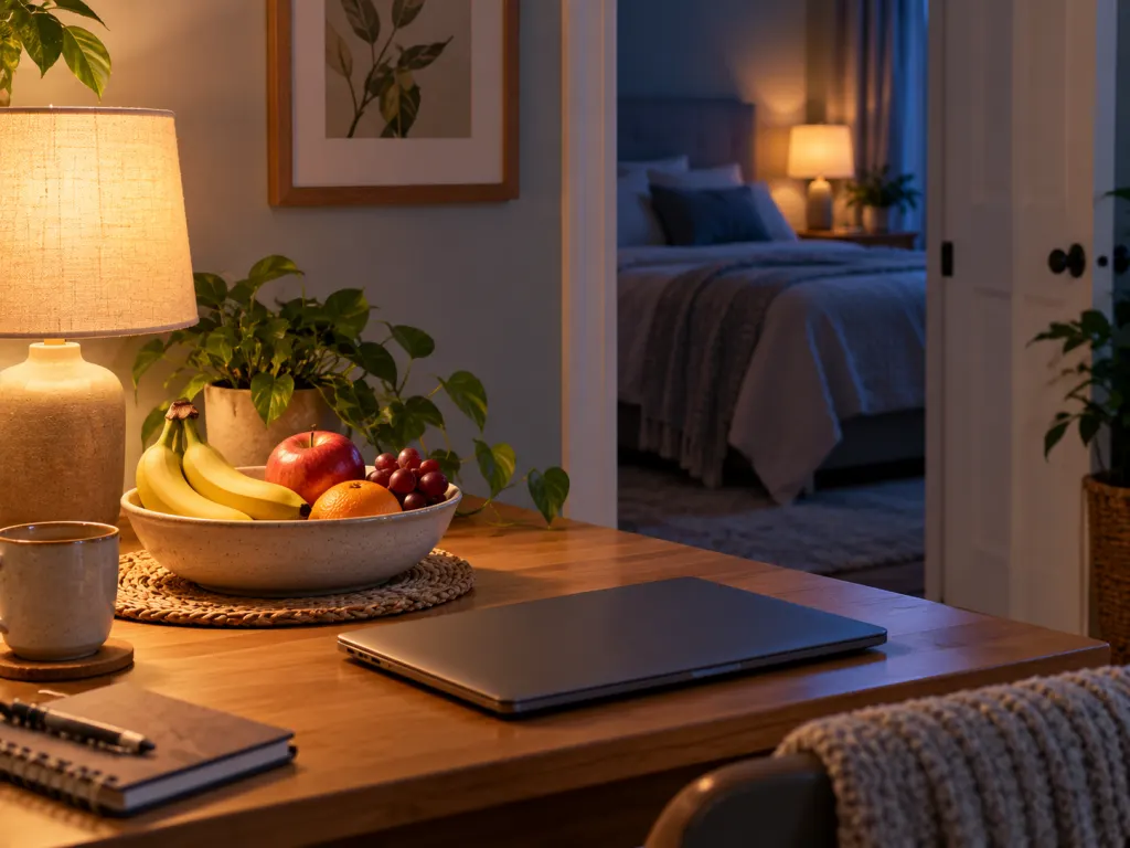 A quiet evening table with bananas, a dim lamp, and a closed laptop suggesting a calm routine.