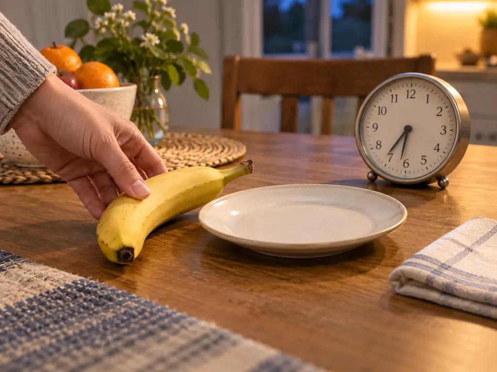 One banana placed beside a small plate and clock on an evening kitchen table.
