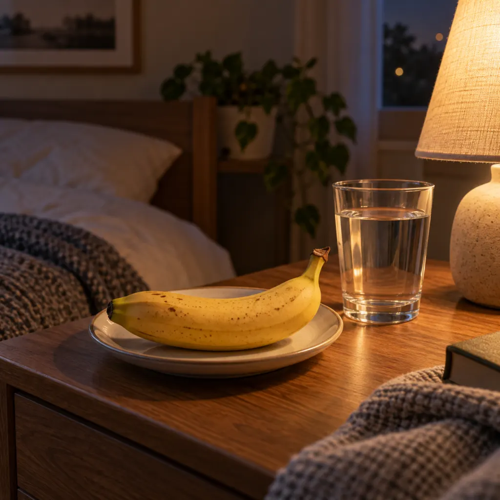 A ripe banana on a plate beside water and a bedside lamp in soft evening light.