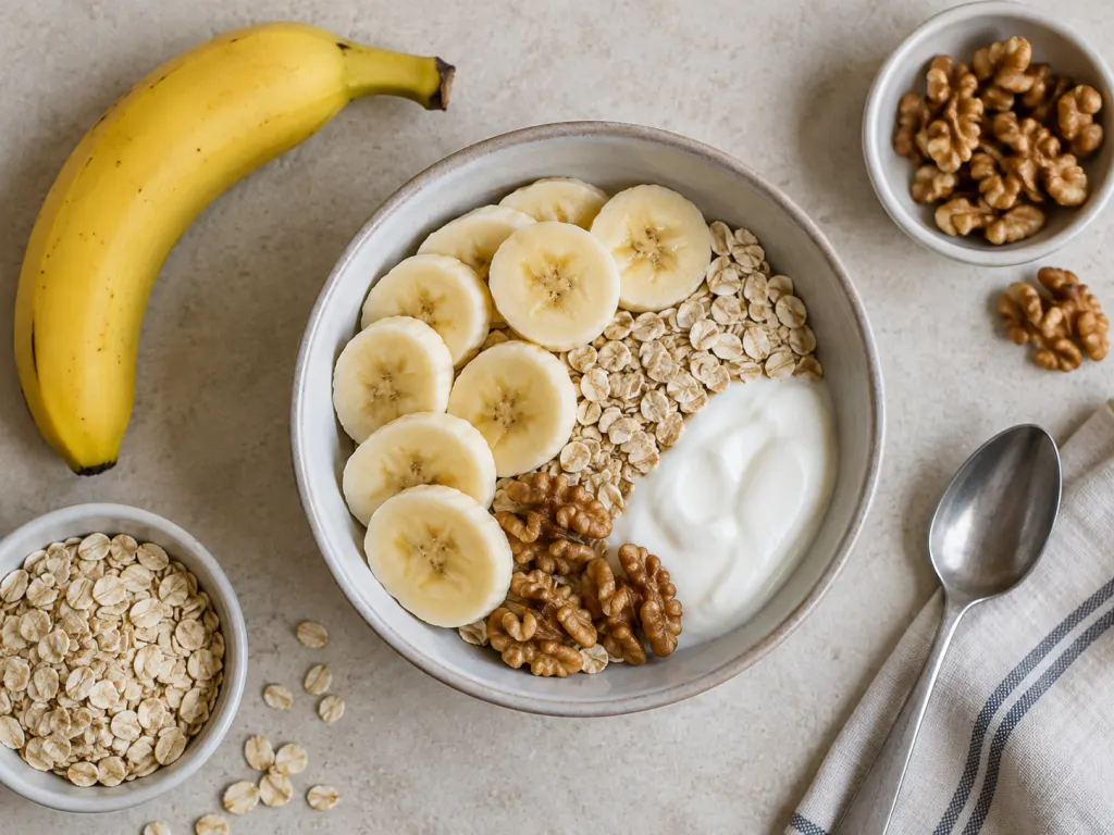 Banana slices with oats, yogurt, walnuts, and a spoon on a table.