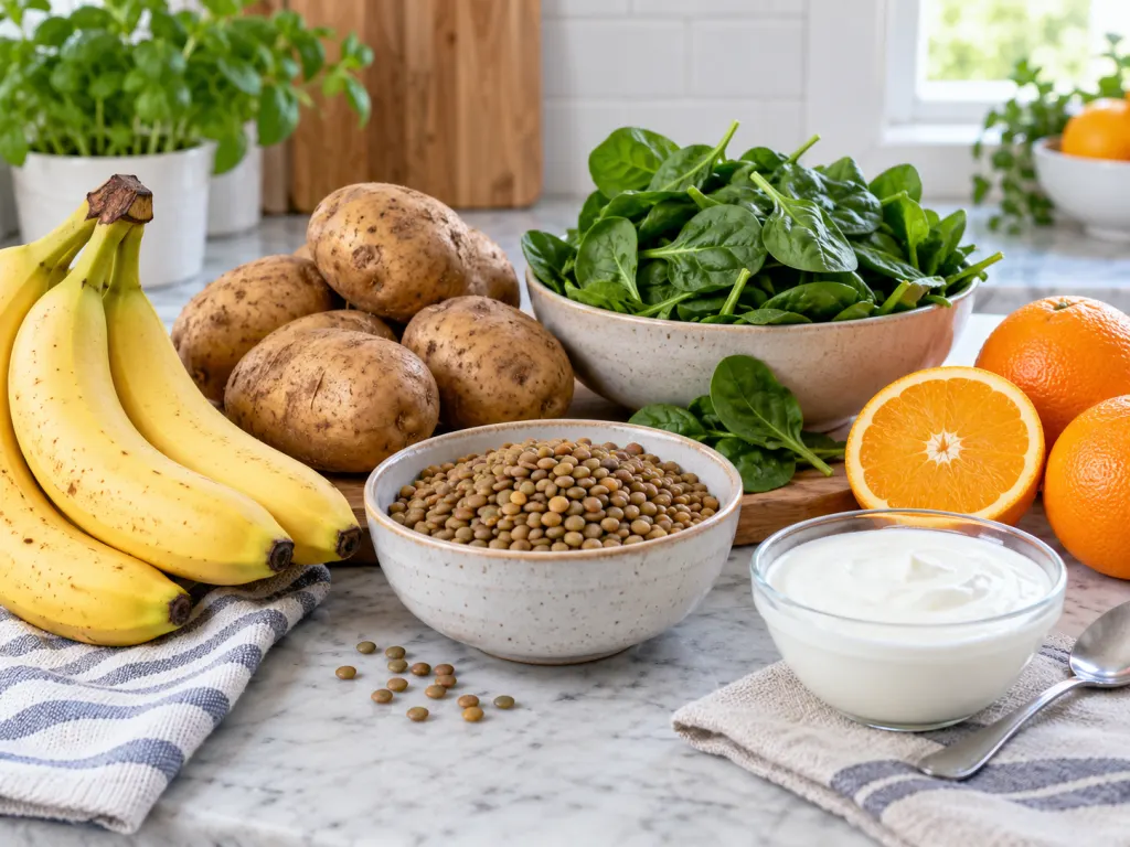 Bananas displayed with potatoes, lentils, spinach, yogurt, and oranges.