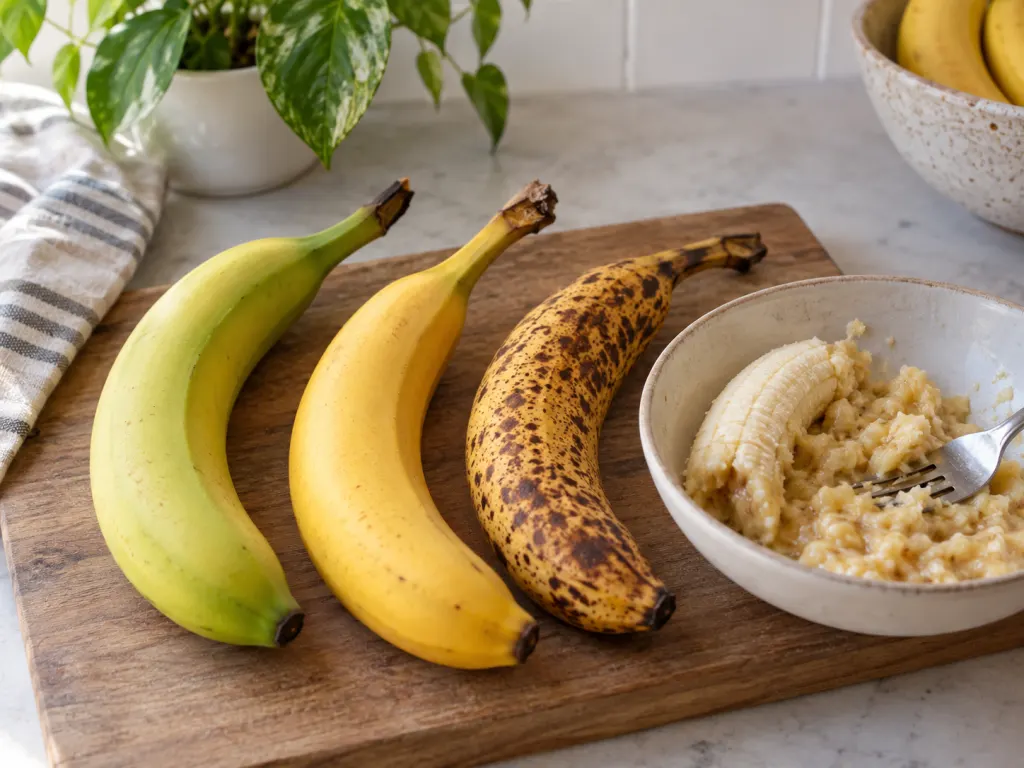 Bananas at different ripeness stages with a mashed ripe banana in a bowl.