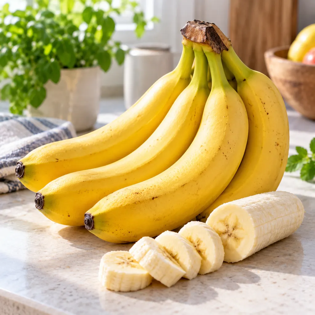 A bunch of ripe bananas with one sliced banana on a kitchen counter.