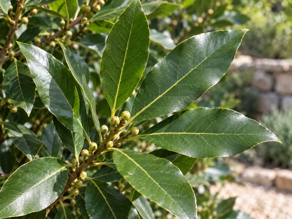 Close view of glossy green bay laurel leaves on a branch