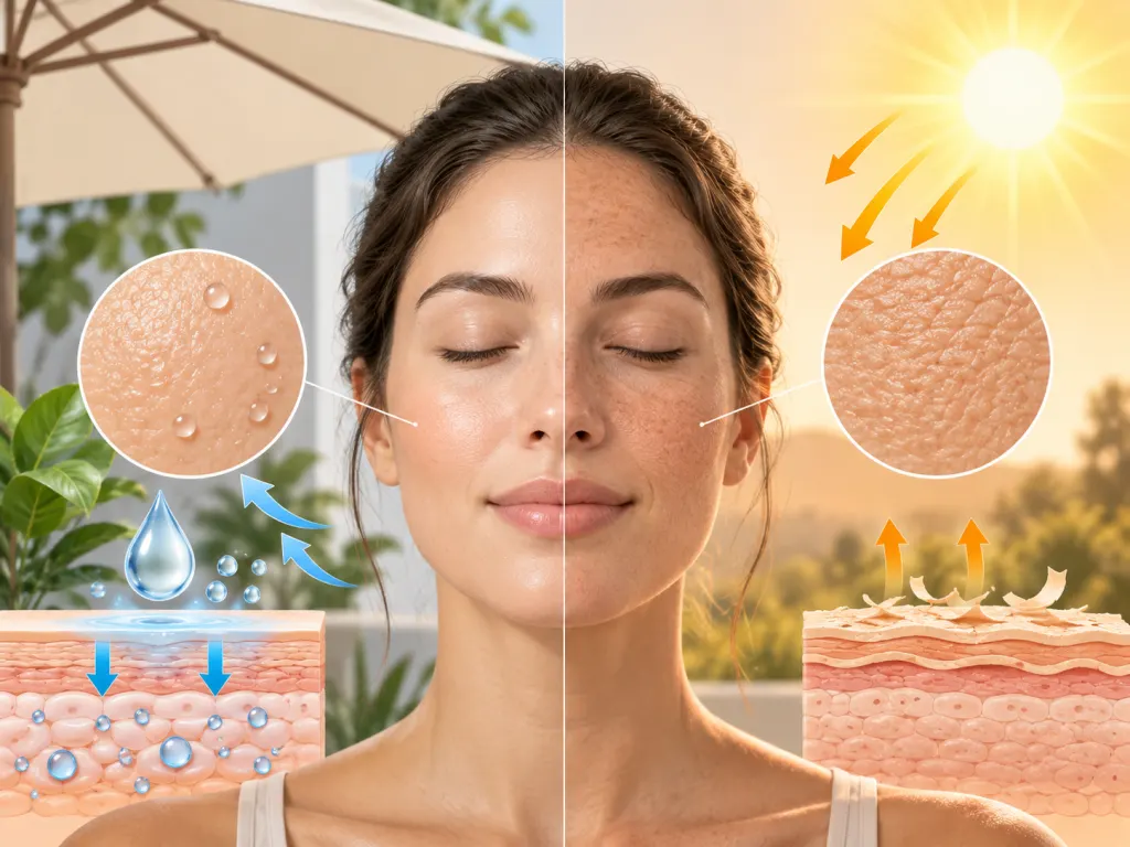 Calm illustration suggesting skin texture, moisture, sunlight, and shade