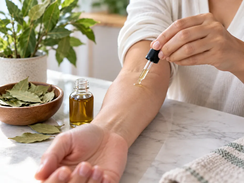 A small patch test on an inner forearm with bay leaves nearby