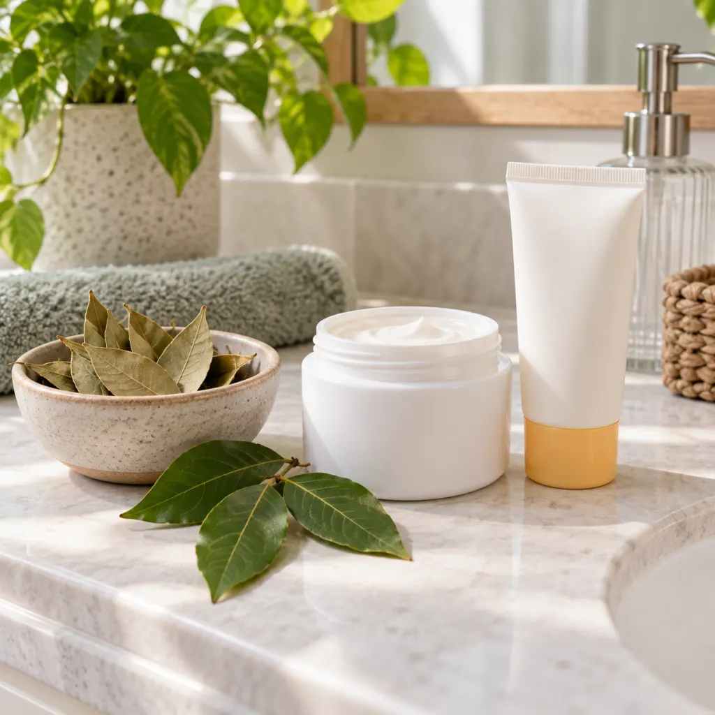Bay leaves beside simple skin-care items on a clean counter