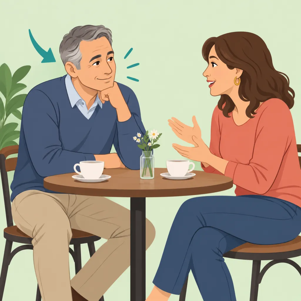 Illustration of a man over 50 listening respectfully during a date.