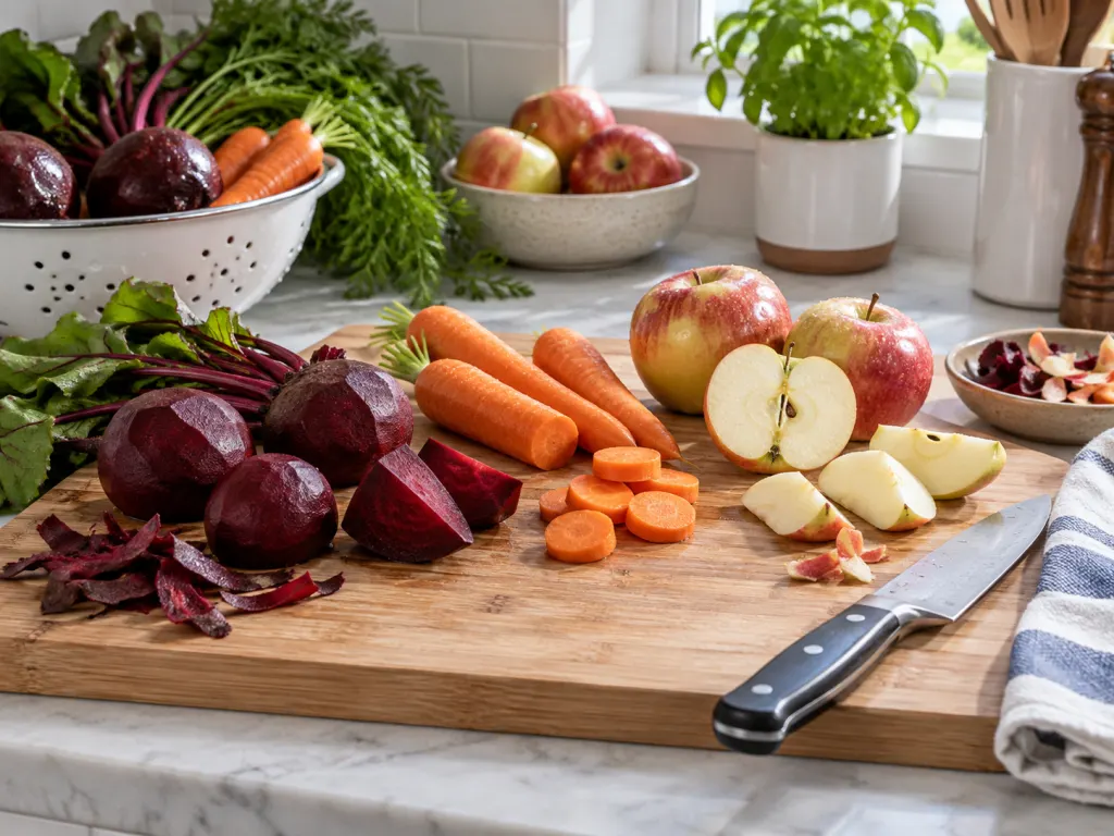 Washed beets, carrots, and apples arranged on a clean cutting board for juice preparation.