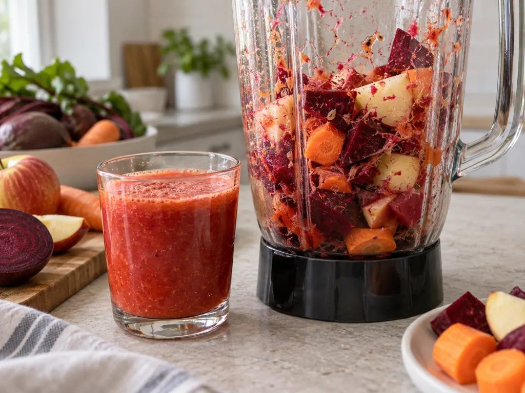 Chopped beet, carrot, and apple in a blender jar with a small glass of pulpy juice nearby.