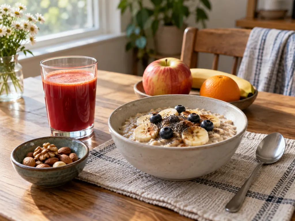 A small glass of beet, carrot, and apple juice served with a balanced breakfast.