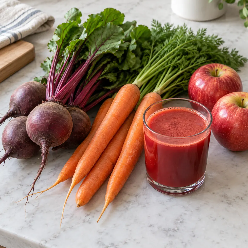 Fresh beets, carrots, apples, and a small glass of red-orange juice on a kitchen counter.