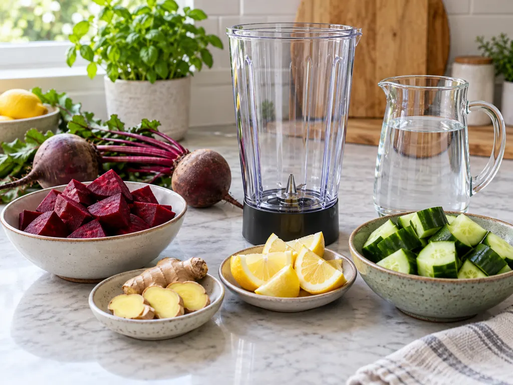 Chopped beetroot, ginger, lemon, cucumber, and water arranged beside a blender cup.
