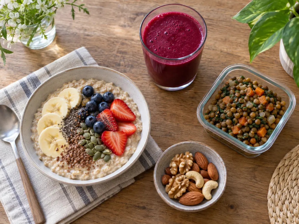 A beet drink served with oatmeal, fruit, lentils, and nuts on a simple table.