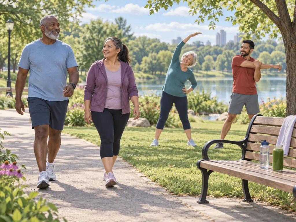 Adults walking and stretching gently in a park with a vegetable drink on a bench.