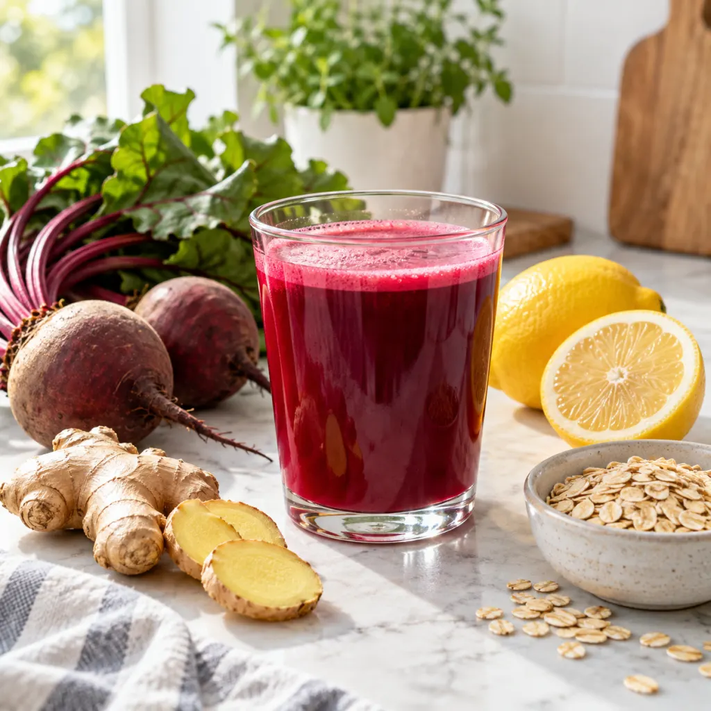 A beet, ginger, and lemon drink with fresh ingredients on a bright kitchen counter.