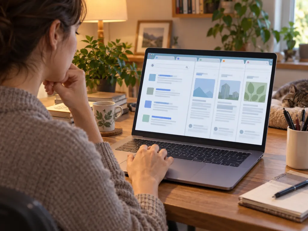 A person pauses at a laptop with multiple tabs open while checking information online.