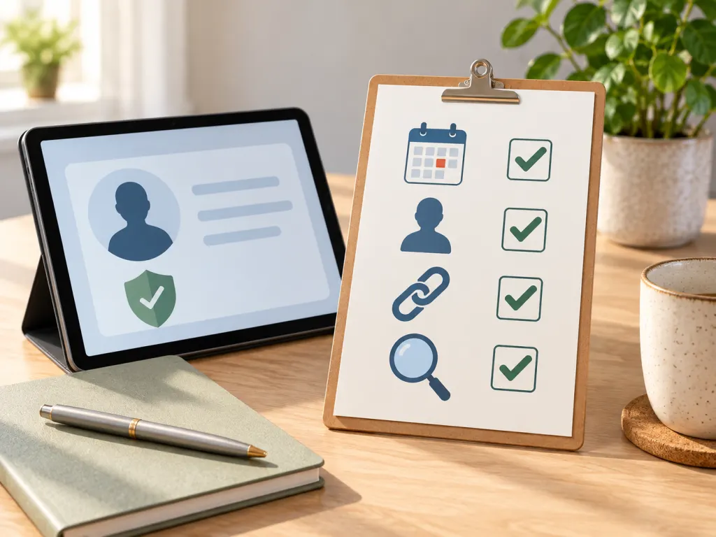 A visual checklist with simple symbols for checking dates, names, links, and sources.