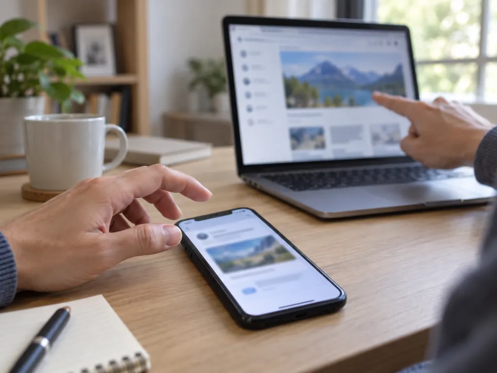 A person compares a phone link with a laptop search before clicking or sharing.