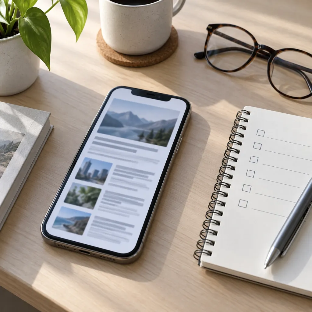 A phone, notebook, and glasses arranged on a desk for checking a viral news claim.