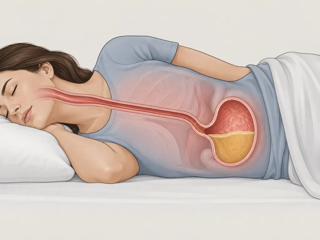 Illustration of the stomach and esophagus while a body lies on the left side