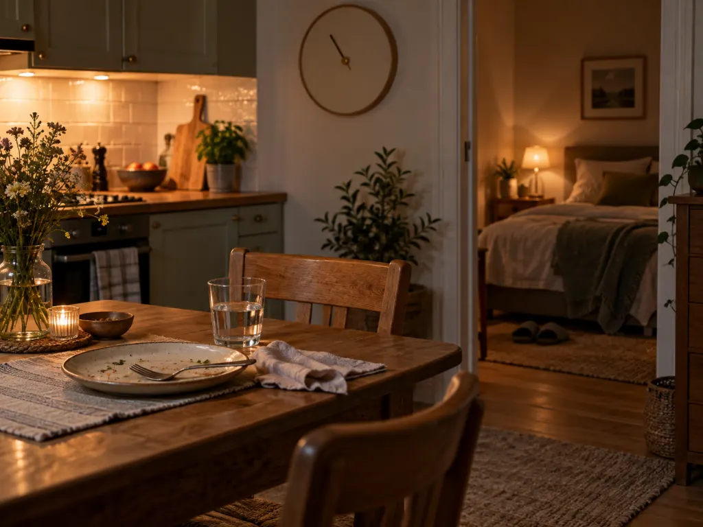 A light evening meal cleared away before bedtime in a quiet home setting