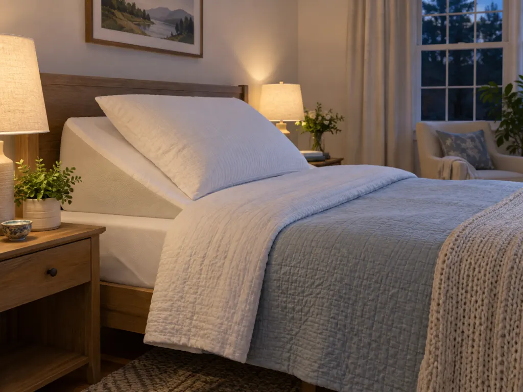 A bed arranged with a wedge pillow to raise the upper body during sleep