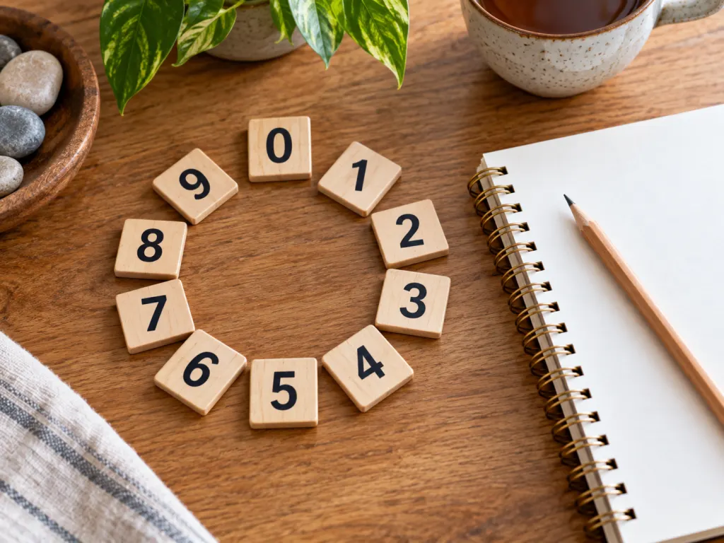 Number tiles arranged in a circle beside a blank journal and pencil.