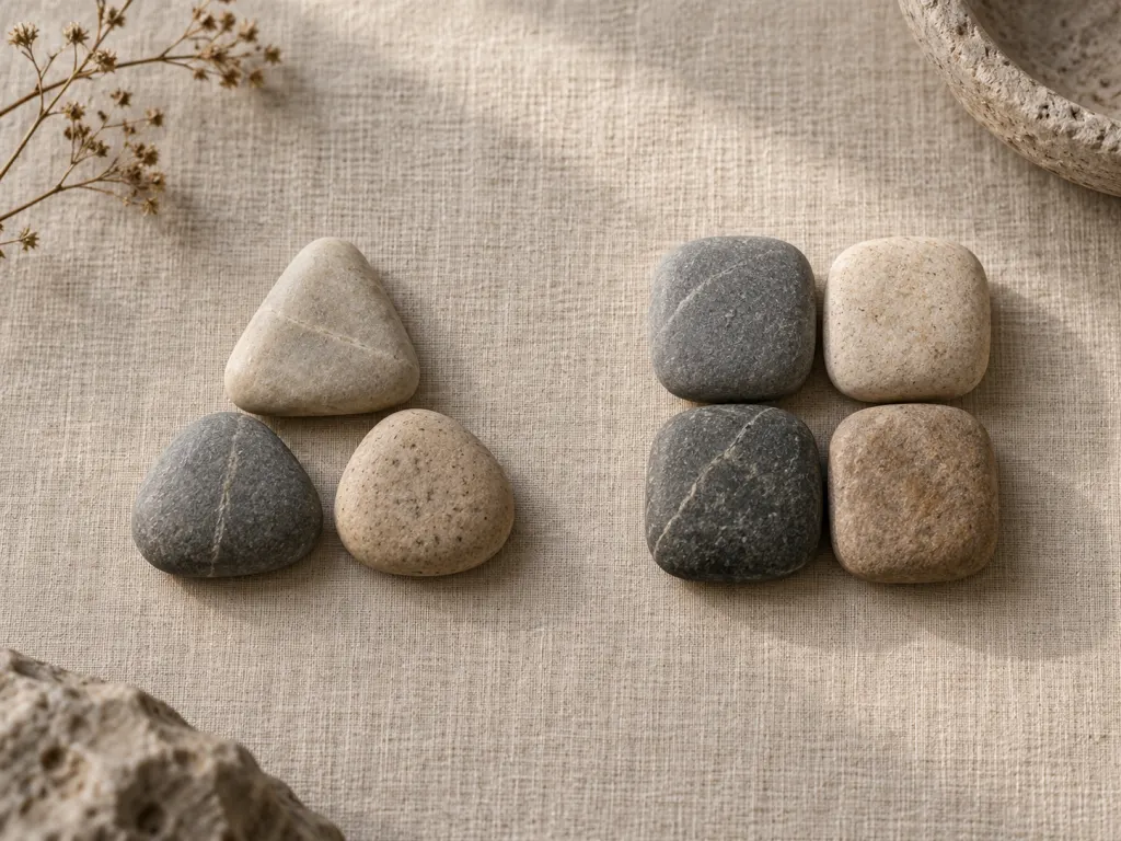 Smooth stones arranged into triangle and square patterns on a linen surface.