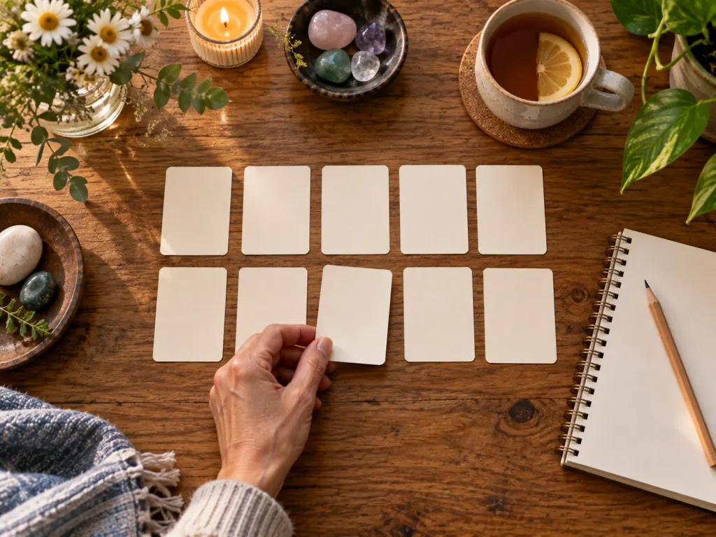 A quiet journaling setup with blank cards, a pencil, and tea on a wooden table.