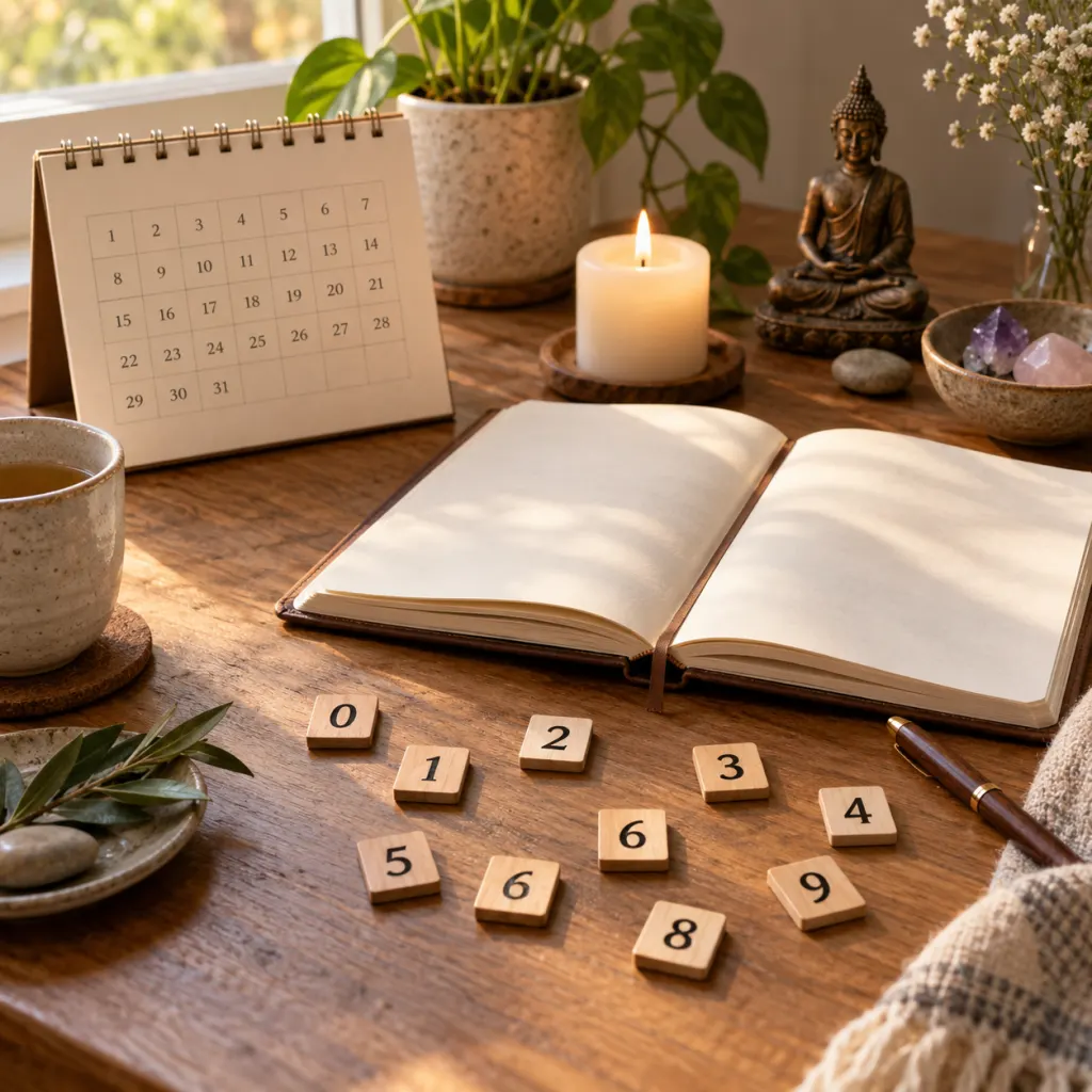 A calm desk scene with number tiles, a calendar, a candle, and an open journal.