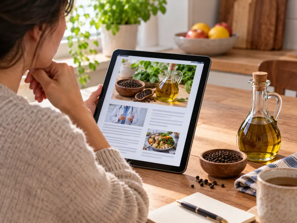 A person reviews health information on a tablet beside peppercorns and an oil bottle.