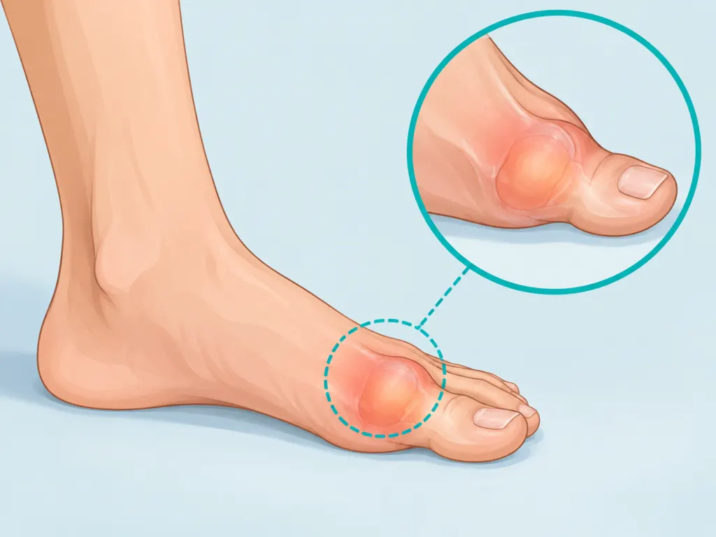 A calm illustration highlights the big toe joint area on a foot silhouette.