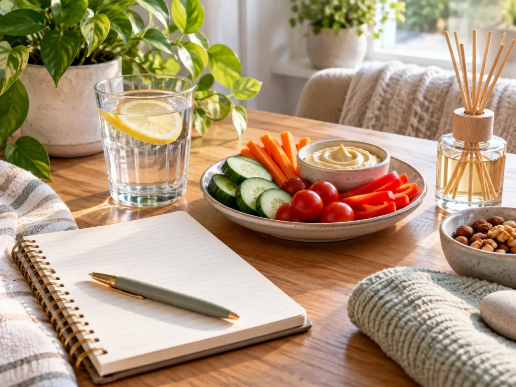 A notebook, water, vegetables, and an unlabeled scent bottle arranged as coping-routine tools.