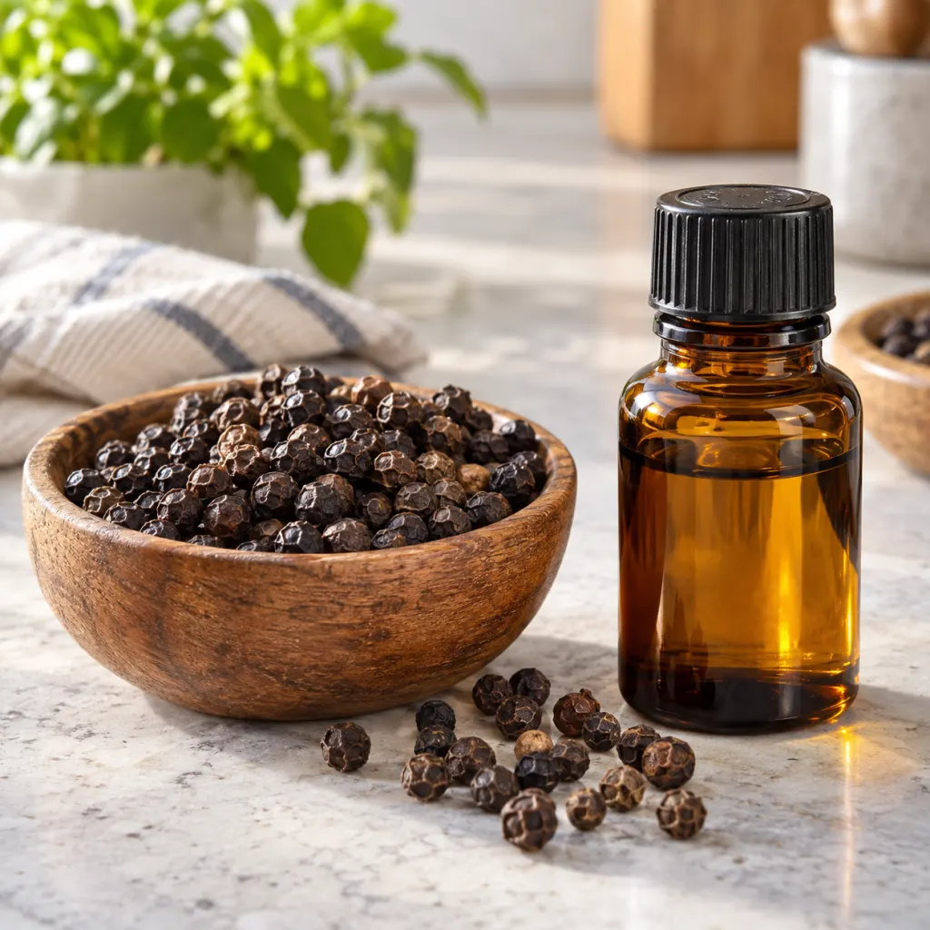 Black peppercorns beside an unlabeled amber essential oil bottle on a kitchen counter.