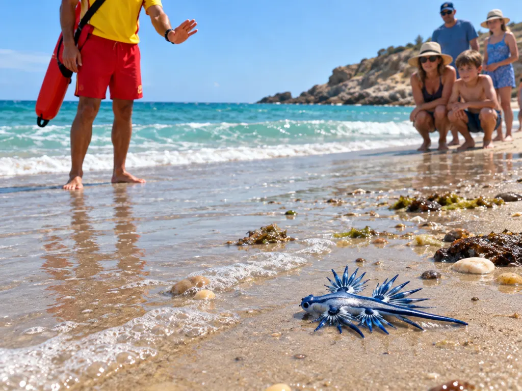 A lifeguard keeps beachgoers away from a small blue sea slug on wet sand.