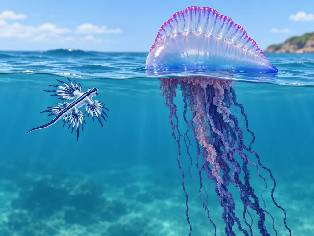 An illustration of a blue dragon sea slug near a Portuguese man-of-war at the water surface.