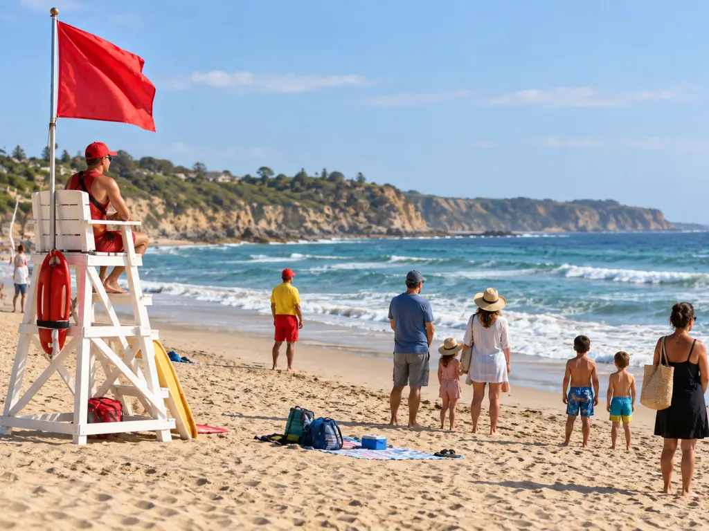 Beach staff monitor the shoreline while visitors stay out of the water.