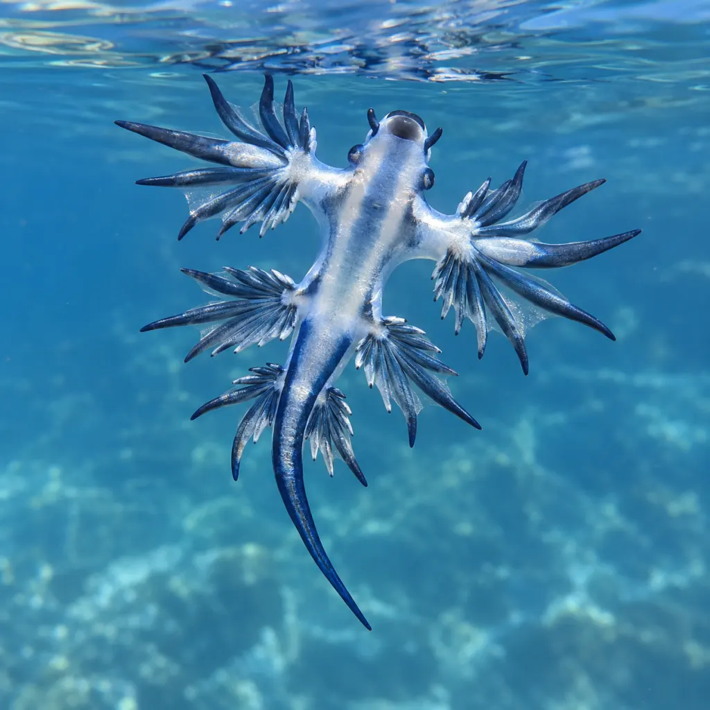 A blue dragon sea slug floating at the ocean surface.