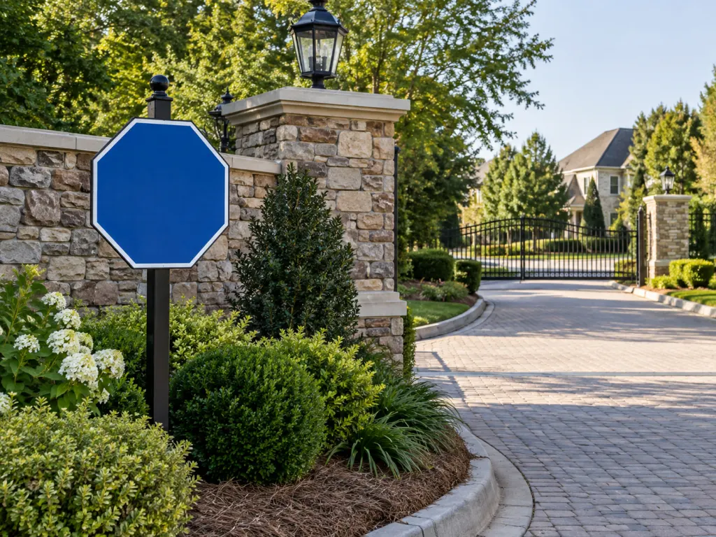 A blue octagonal sign posted at the gated entrance of a private residential community.