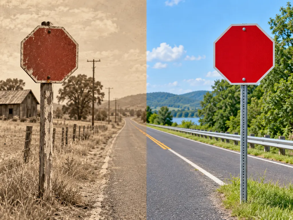 A split illustration contrasting an older vintage-style roadside sign post with a modern reflective sign post.
