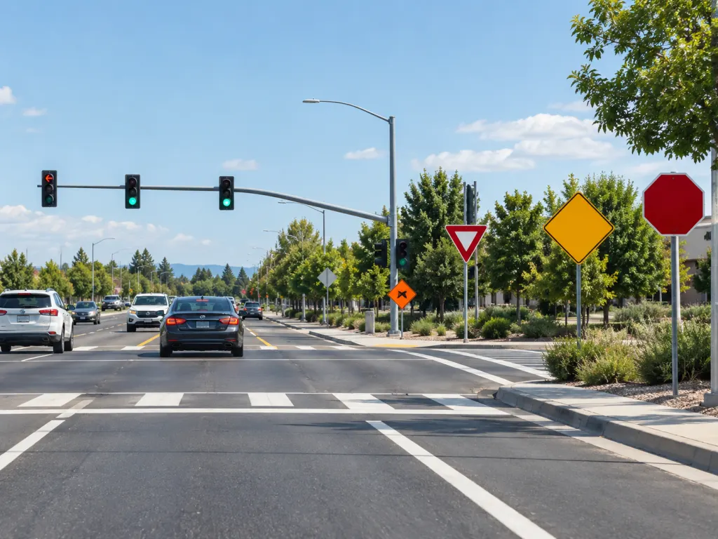A driver's-eye view of an intersection with several differently colored roadside signs visible in the distance.