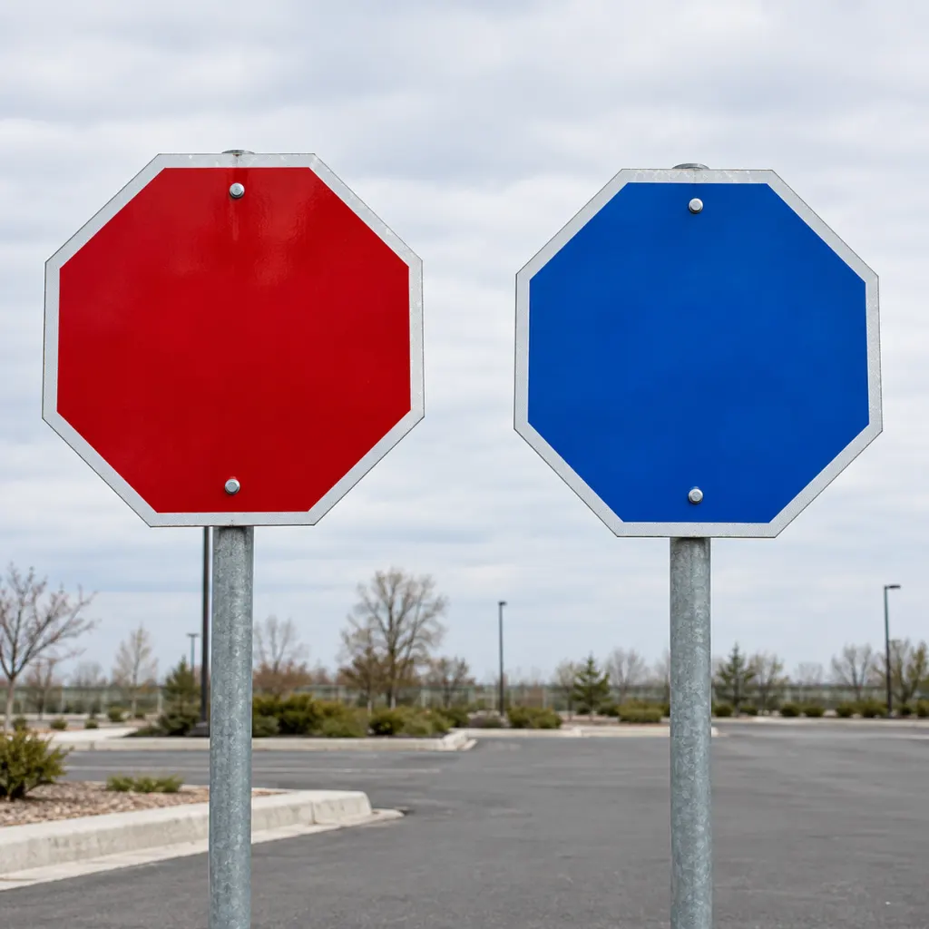 A red octagonal traffic sign shown beside a blue octagonal sign of the same shape, illustrating the color difference.